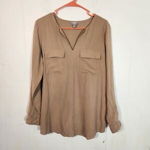 J Jill Tan 100% Silk V Neck Long Sleeve Blouse Size Medium
